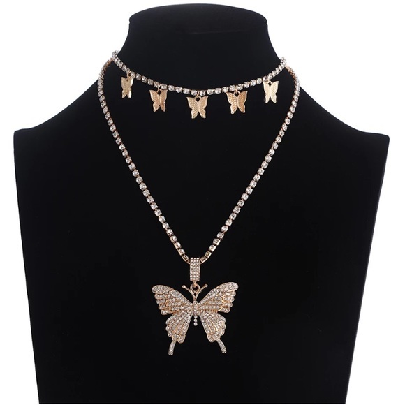 HP🦋STUNNING RHINESTONE BUTTERFLY GOLD CHOKER 2 PIECE SET - Picture 3 of 13